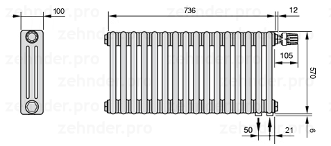 Схема (чертеж) Радиатор Zehnder Charleston 3057/16 №V002 Technoline TL